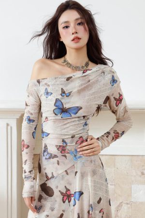 Stylish Work Outfits, Outfit Summer Ideas Butterfly One Shoulder Midi Dress