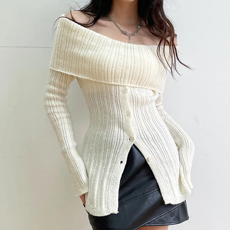 Stylish Work Outfits, Outfit Summer Ideas Button Up Off Shoulder Knitted Top Stylish Work Outfits, Outfit Summer Ideas Button Up Off Shoulder Knitted Top