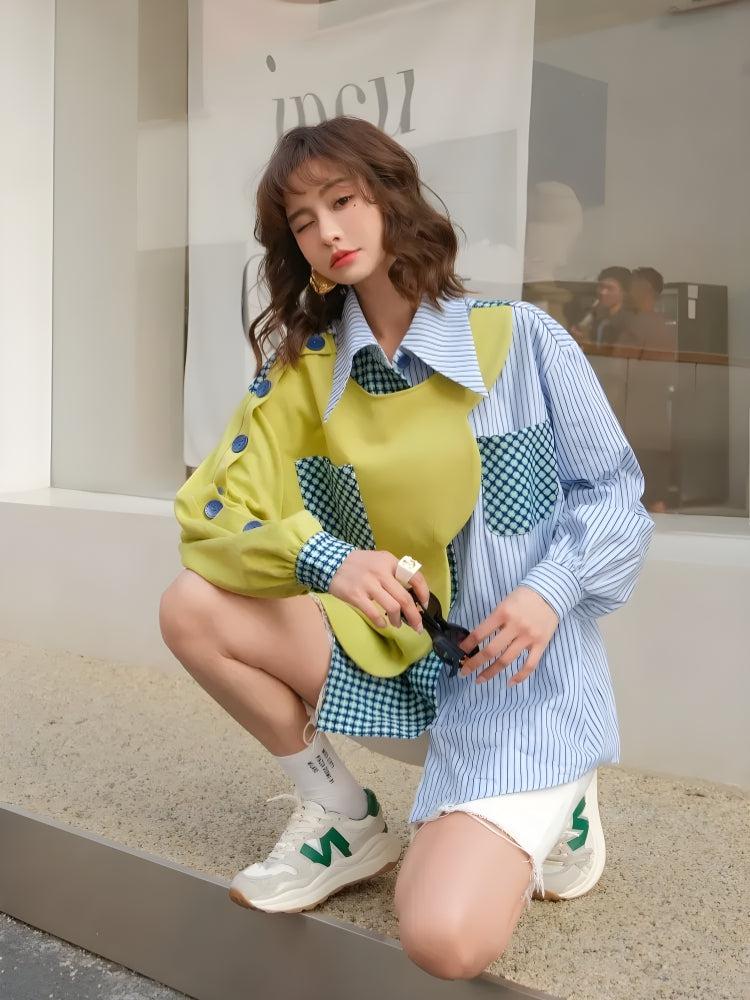 Stylish Work Outfits, Outfit Summer Ideas Buttoned Sleeved Patchwork Shirt Stylish Work Outfits, Outfit Summer Ideas Buttoned Sleeved Patchwork Shirt