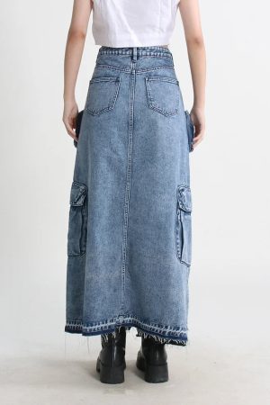 Stylish Work Outfits, Outfit Summer Ideas Cargo Split Denim Midi Skirt