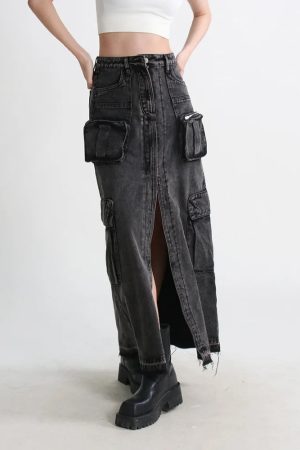 Stylish Work Outfits, Outfit Summer Ideas Cargo Split Denim Midi Skirt