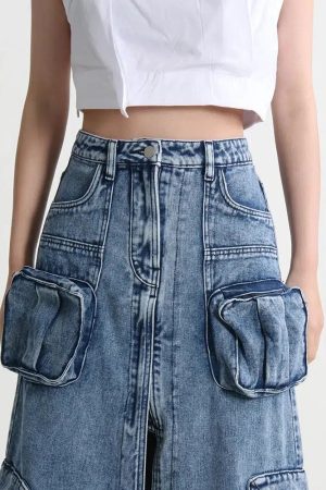 Stylish Work Outfits, Outfit Summer Ideas Cargo Split Denim Midi Skirt