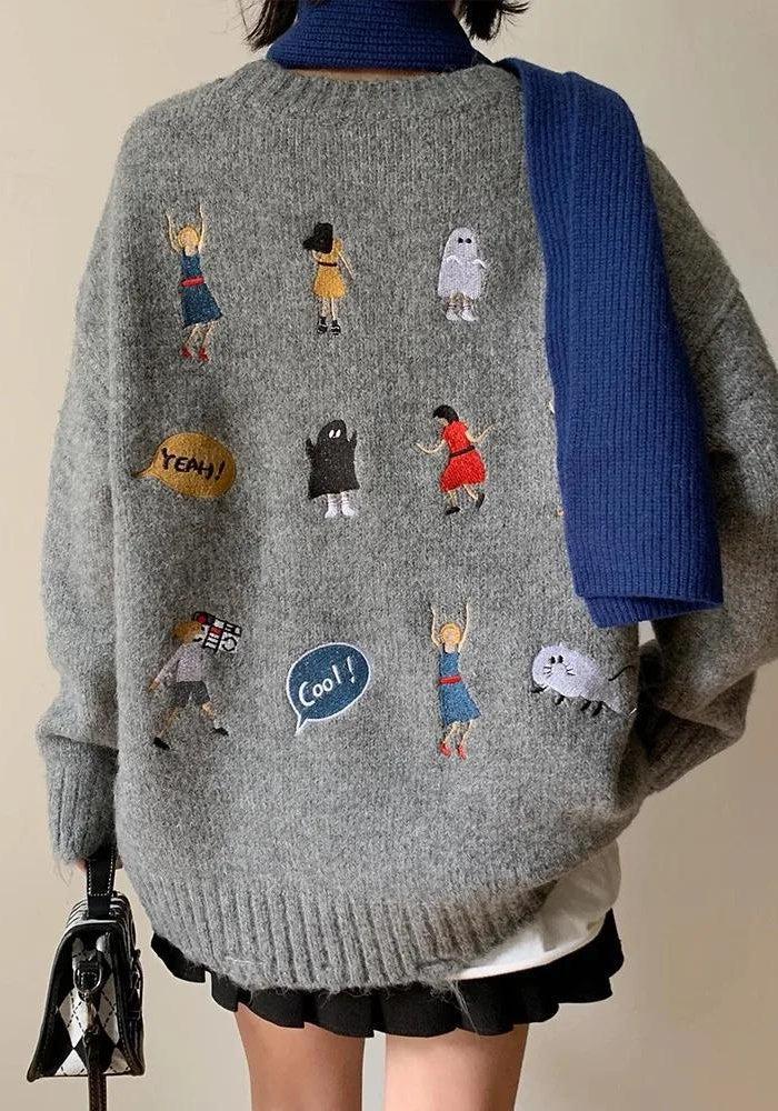 Stylish Work Outfits, Outfit Summer Ideas Cartoon Embroidered Knitted Sweater