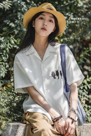 Stylish Work Outfits, Outfit Summer Ideas Cat Embroidered Shirt