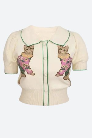 Stylish Work Outfits, Outfit Summer Ideas Cat Embroidered Sweater