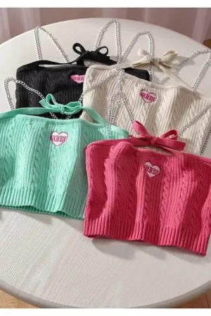 Stylish Work Outfits, Outfit Summer Ideas Chain Strap Knitted Crop Top