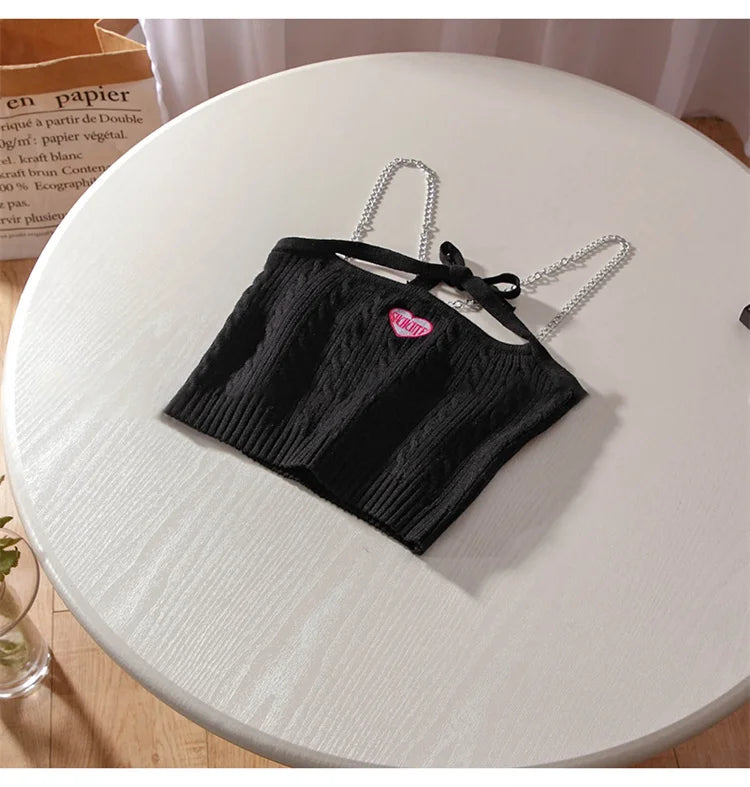 Stylish Work Outfits, Outfit Summer Ideas Chain Strap Knitted Crop Top Stylish Work Outfits, Outfit Summer Ideas Chain Strap Knitted Crop Top