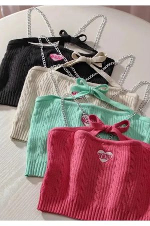 Stylish Work Outfits, Outfit Summer Ideas Chain Strap Knitted Crop Top