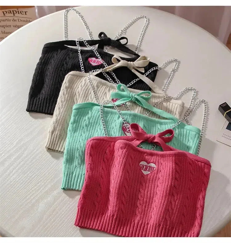 Stylish Work Outfits, Outfit Summer Ideas Chain Strap Knitted Crop Top Stylish Work Outfits, Outfit Summer Ideas Chain Strap Knitted Crop Top