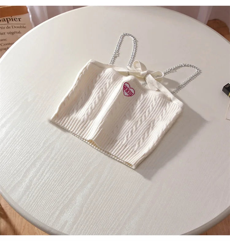 Stylish Work Outfits, Outfit Summer Ideas Chain Strap Knitted Crop Top Stylish Work Outfits, Outfit Summer Ideas Chain Strap Knitted Crop Top