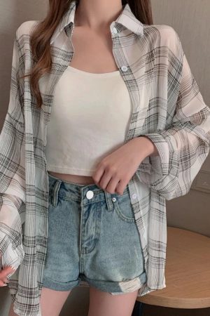Stylish Work Outfits, Outfit Summer Ideas Chiffon Plaid Shirt