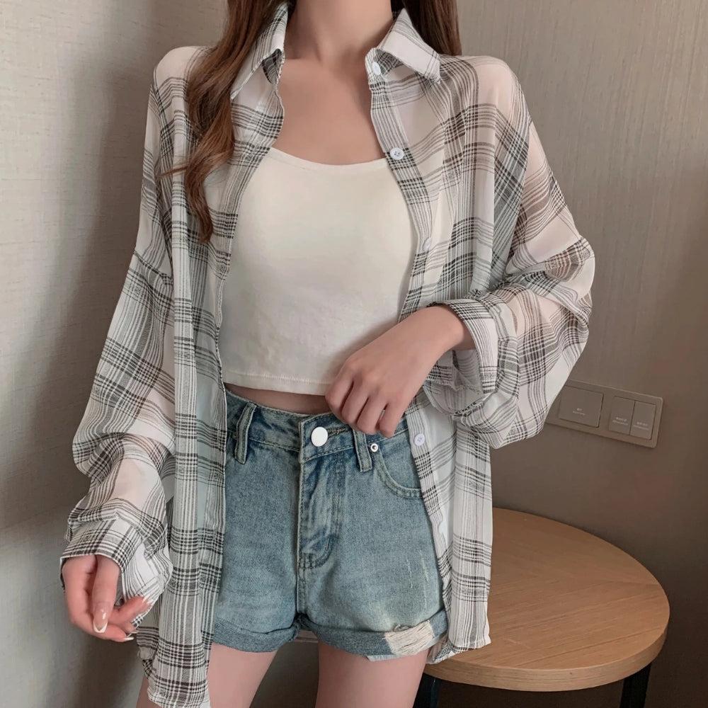 Stylish Work Outfits, Outfit Summer Ideas Chiffon Plaid Shirt