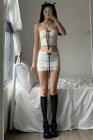 Stylish Work Outfits, Outfit Summer Ideas Coquette Bow Lace Two Piece Set