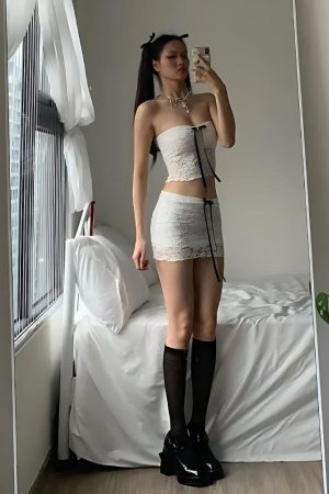 Stylish Work Outfits, Outfit Summer Ideas Coquette Bow Lace Two Piece Set