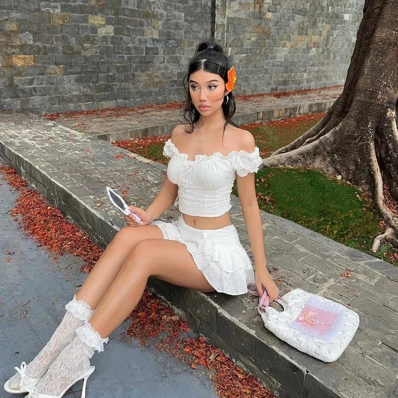 Stylish Work Outfits, Outfit Summer Ideas Coquette Broderie Anglaise Top & Mini Skirt Two Piece Set