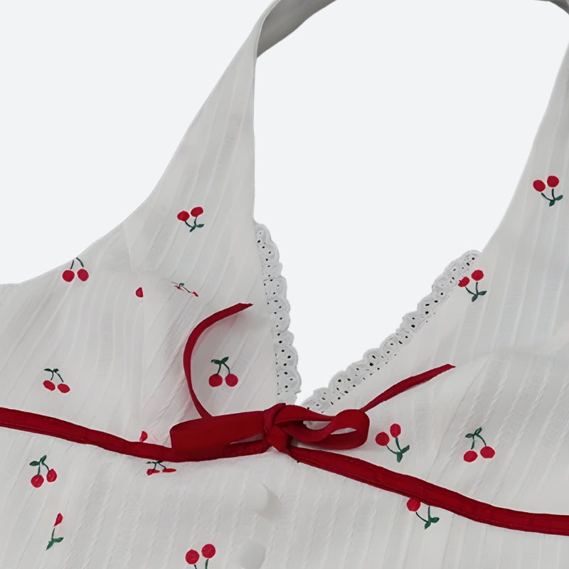 Stylish Work Outfits, Outfit Summer Ideas Coquette Cherry Halter Neck Mini Dress Stylish Work Outfits, Outfit Summer Ideas Coquette Cherry Halter Neck Mini Dress