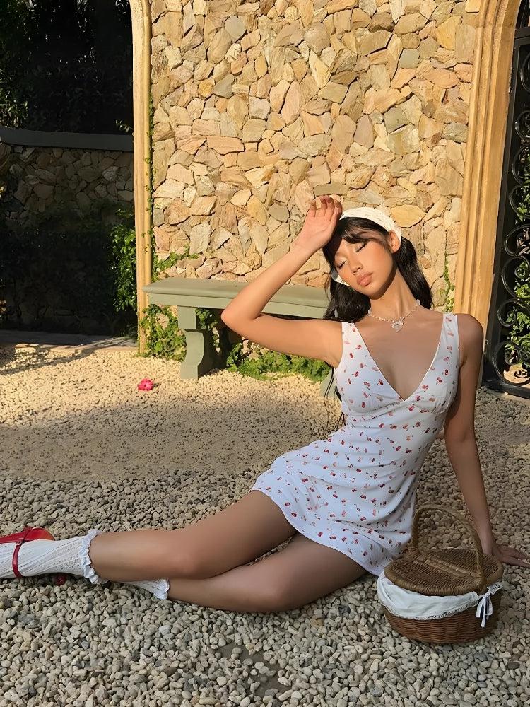 Stylish Work Outfits, Outfit Summer Ideas Coquette Cherry Plunge Neck Mini Dress Stylish Work Outfits, Outfit Summer Ideas Coquette Cherry Plunge Neck Mini Dress