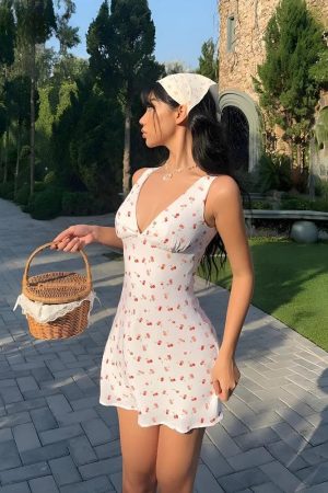 Stylish Work Outfits, Outfit Summer Ideas Coquette Cherry Plunge Neck Mini Dress