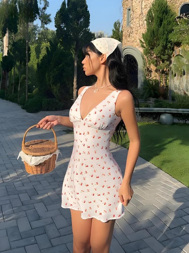 Stylish Work Outfits, Outfit Summer Ideas Coquette Cherry Plunge Neck Mini Dress Stylish Work Outfits, Outfit Summer Ideas Coquette Cherry Plunge Neck Mini Dress