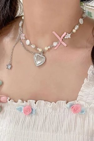 Stylish Work Outfits, Outfit Summer Ideas Coquette Heart Pearl Beaded Necklace