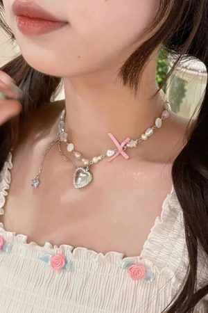 Stylish Work Outfits, Outfit Summer Ideas Coquette Heart Pearl Beaded Necklace