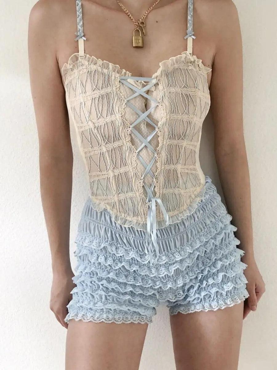 Stylish Work Outfits, Outfit Summer Ideas Coquette Lace Ruched Ruffled Shorts