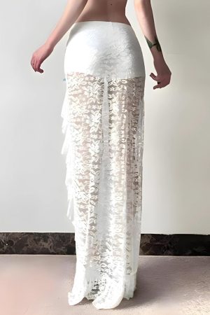 Stylish Work Outfits, Outfit Summer Ideas Coquette Lace Ruffled Slit Maxi Skirt