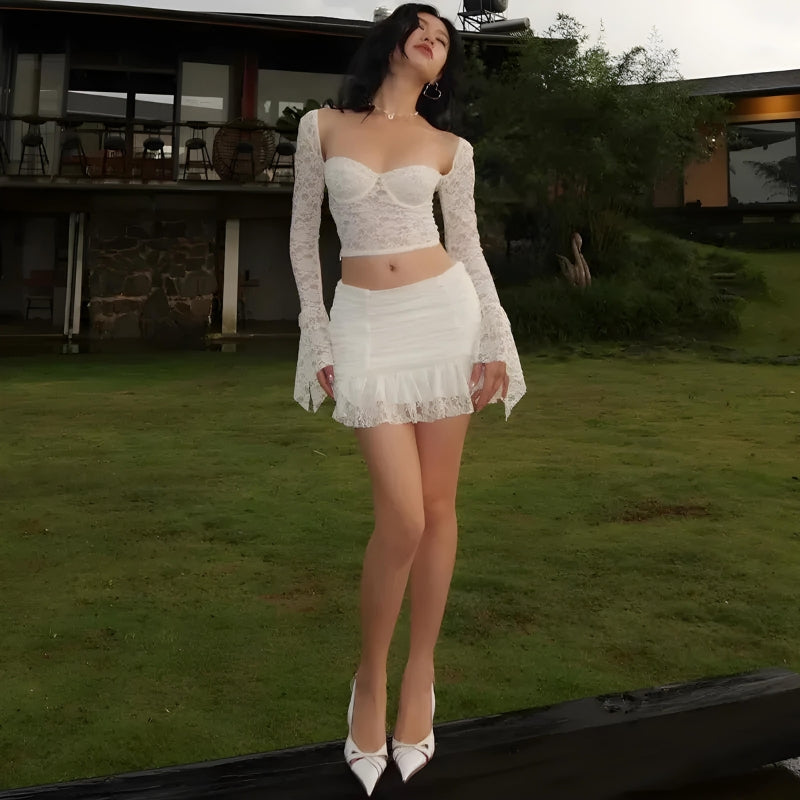 Stylish Work Outfits, Outfit Summer Ideas Coquette Lace Top & Ruched Mini Skirt Two Piece Set Stylish Work Outfits, Outfit Summer Ideas Coquette Lace Top & Ruched Mini Skirt Two Piece Set