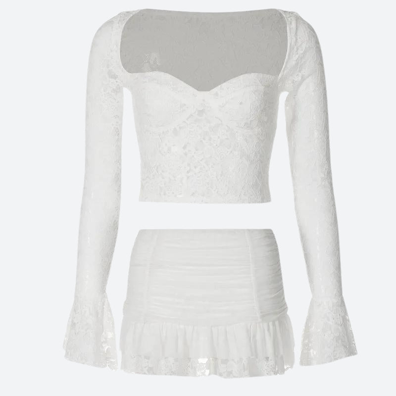 Stylish Work Outfits, Outfit Summer Ideas Coquette Lace Top & Ruched Mini Skirt Two Piece Set Stylish Work Outfits, Outfit Summer Ideas Coquette Lace Top & Ruched Mini Skirt Two Piece Set