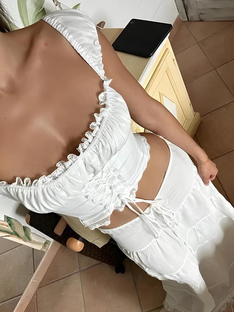 Stylish Work Outfits, Outfit Summer Ideas Coquette Lace Up Crop Top & Maxi Skirt Two Piece Set Stylish Work Outfits, Outfit Summer Ideas Coquette Lace Up Crop Top & Maxi Skirt Two Piece Set