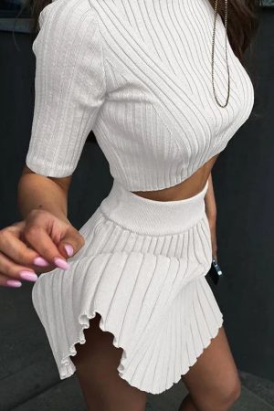 Stylish Work Outfits, Outfit Summer Ideas Corduroy Knitted Crop Top & Mini Skirt Two Piece Set