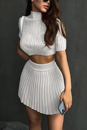 Stylish Work Outfits, Outfit Summer Ideas Corduroy Knitted Crop Top & Mini Skirt Two Piece Set