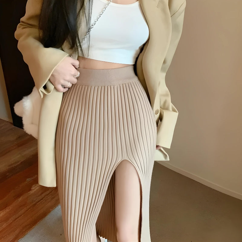 Stylish Work Outfits, Outfit Summer Ideas Corduroy Knitted Split Midi Skirt