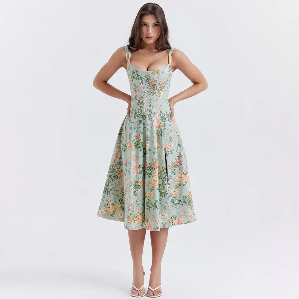 Stylish Work Outfits, Outfit Summer Ideas Cottagecore Floral Corset Midi Dress