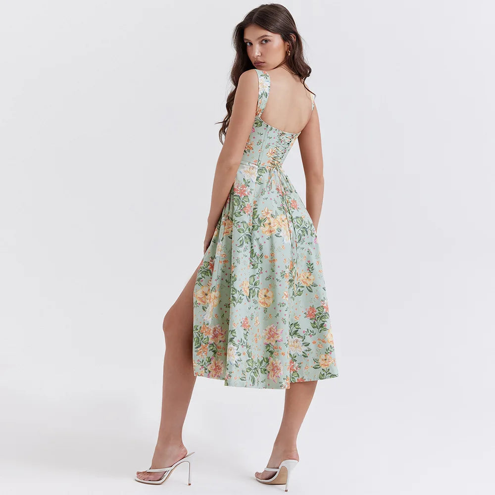 Stylish Work Outfits, Outfit Summer Ideas Cottagecore Floral Corset Midi Dress