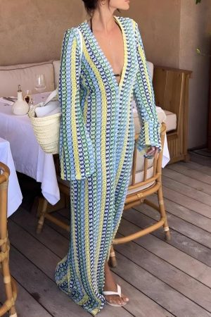 Stylish Work Outfits, Outfit Summer Ideas Crochet Striped Plunge Neck Maxi Dress