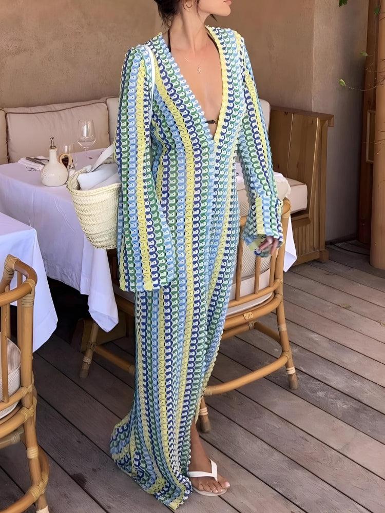 Stylish Work Outfits, Outfit Summer Ideas Crochet Striped Plunge Neck Maxi Dress Stylish Work Outfits, Outfit Summer Ideas Crochet Striped Plunge Neck Maxi Dress