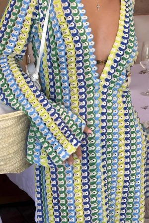 Stylish Work Outfits, Outfit Summer Ideas Crochet Striped Plunge Neck Maxi Dress