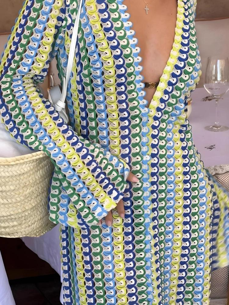 Stylish Work Outfits, Outfit Summer Ideas Crochet Striped Plunge Neck Maxi Dress Stylish Work Outfits, Outfit Summer Ideas Crochet Striped Plunge Neck Maxi Dress