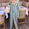 Stylish Work Outfits, Outfit Summer Ideas Crochet Striped Plunge Neck Maxi Dress