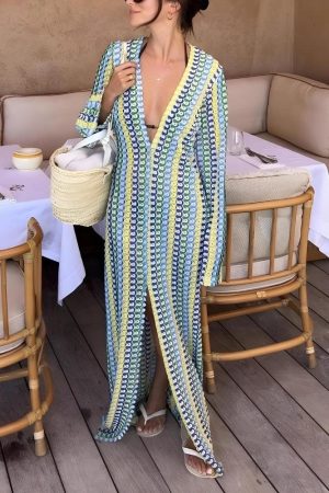 Stylish Work Outfits, Outfit Summer Ideas Crochet Striped Plunge Neck Maxi Dress