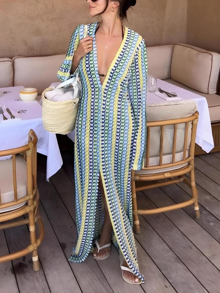 Stylish Work Outfits, Outfit Summer Ideas Crochet Striped Plunge Neck Maxi Dress Stylish Work Outfits, Outfit Summer Ideas Crochet Striped Plunge Neck Maxi Dress