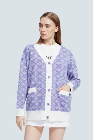 Stylish Work Outfits, Outfit Summer Ideas Cross Pattern Buttoned Purple Cardigan