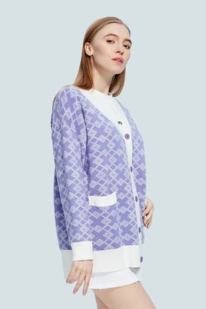 Stylish Work Outfits, Outfit Summer Ideas Cross Pattern Buttoned Purple Cardigan