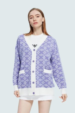 Stylish Work Outfits, Outfit Summer Ideas Cross Pattern Buttoned Purple Cardigan
