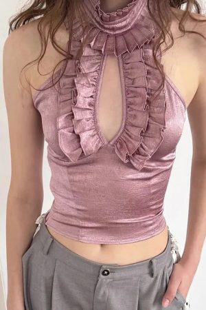 Stylish Work Outfits, Outfit Summer Ideas Cut Out Ruffled Halter Neck Top