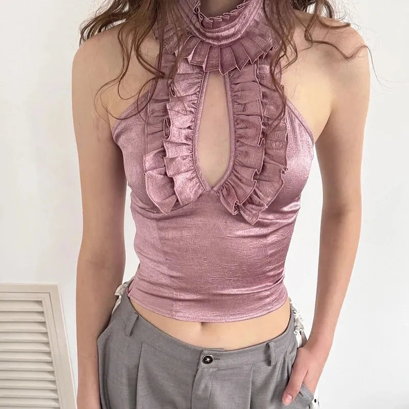 Stylish Work Outfits, Outfit Summer Ideas Cut Out Ruffled Halter Neck Top