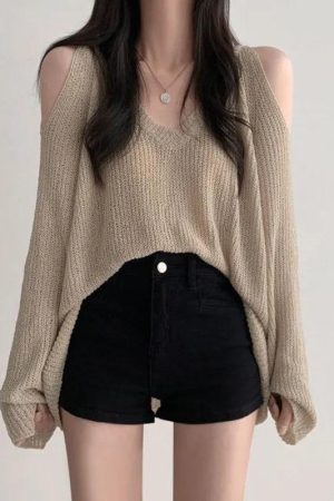 Stylish Work Outfits, Outfit Summer Ideas Cut-Out Shoulder Loose Knit Sweater
