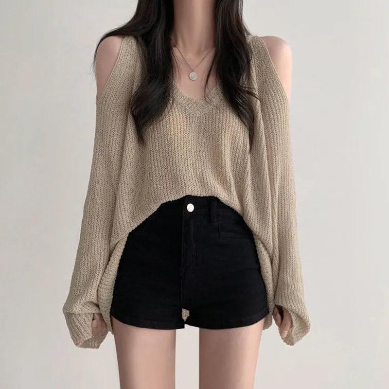 Stylish Work Outfits, Outfit Summer Ideas Cut-Out Shoulder Loose Knit Sweater Stylish Work Outfits, Outfit Summer Ideas Cut-Out Shoulder Loose Knit Sweater