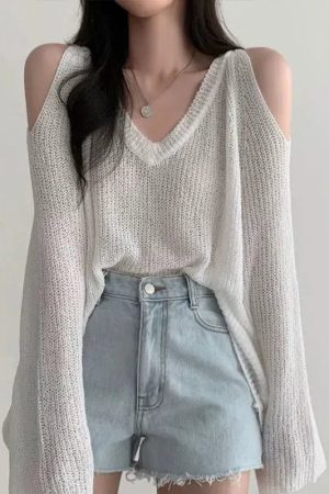 Stylish Work Outfits, Outfit Summer Ideas Cut-Out Shoulder Loose Knit Sweater